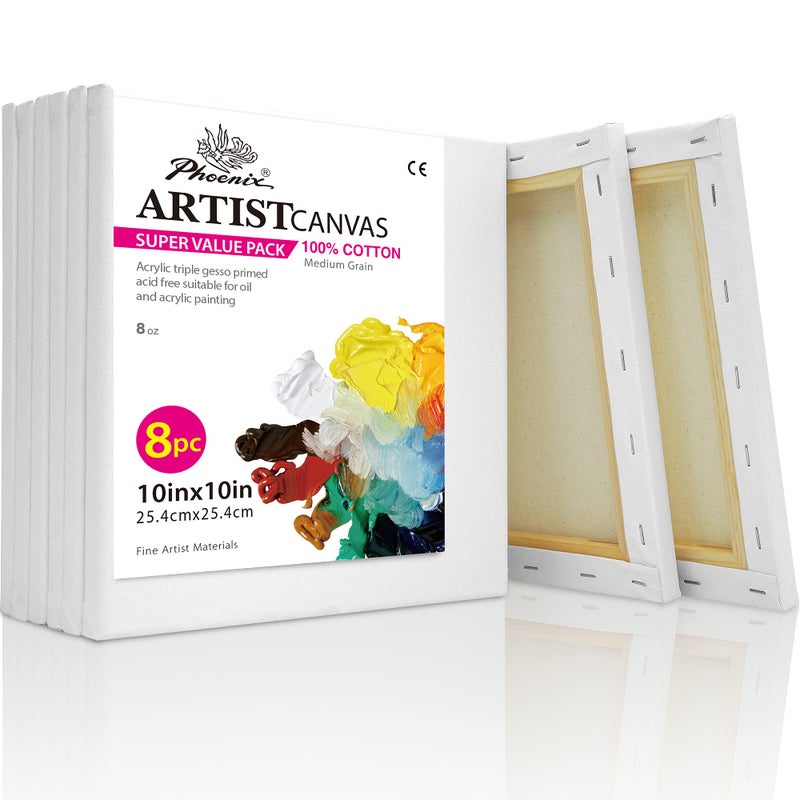 PHOENIX Square Canvas for Painting - 10x10 Inch/8 Value Pack, 8 Oz Triple Primed 5/8 Inch Profile 100% Cotton White Blank Canvas, Stretched Framed Canvas for Oil Acrylic - Image 1